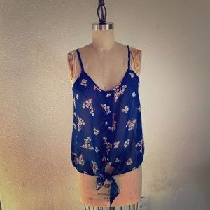 Sheer blue floral tank top with waist tie